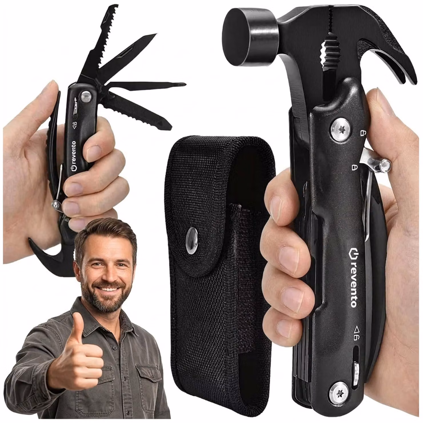 REVENTO® Multitool: utensile multifunzione con coltello, martello e pinze 12 in 1 con custodia