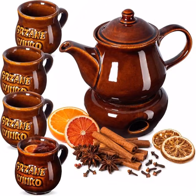 Set di 4 tazze da vin brulé KADAX in ceramica marrone con bollitore e riscaldatore, capacità 250 ml ciascuna – 1