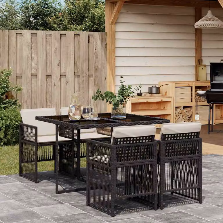 vidaXL Set da Pranzo da Giardino 5 pz in Polyrattan Nero con Cuscini e Tavolo in Vetro