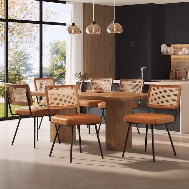 Sedia da pranzo ergonomica WISHDOR in ecopelle e rattan con gambe in metallo, marrone