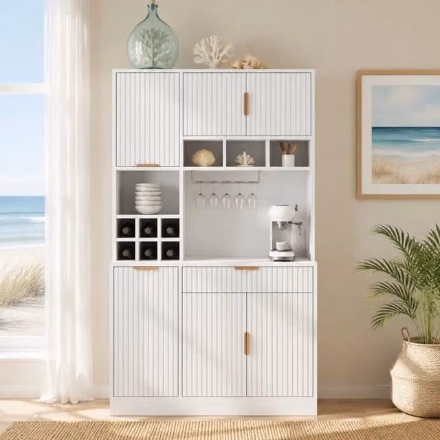 Credenza alta Mivray bianca con prese USB-A e USB-C, portabottiglie e portabicchieri, L/P/H: 100 x 40 x 175 cm