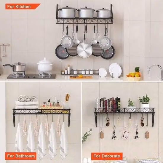 Mensola da cucina appesa con ganci - Robusta e durevole rastrelliera per pentole e padelle - Mensola da parete multifunzionale per cucina 70 x 28 x 23 cm - Nero