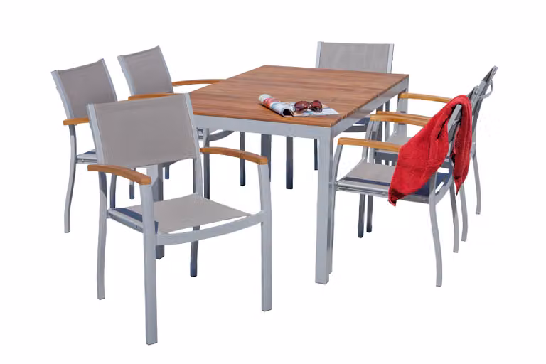 Set di mobili da giardino Merxx Naxos 7 pezzi, 6 sedie impilabili, 1 tavolo 150 x 90 cm - alluminio/tessuto/acacia