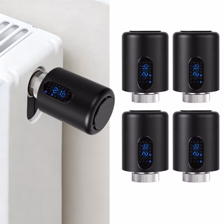 Set di 4 termostati per radiatori Ikodm, termostati smart per la casa, colore nero, controllo tramite app Wi-Fi, rilevamento finestre, protezione antigelo