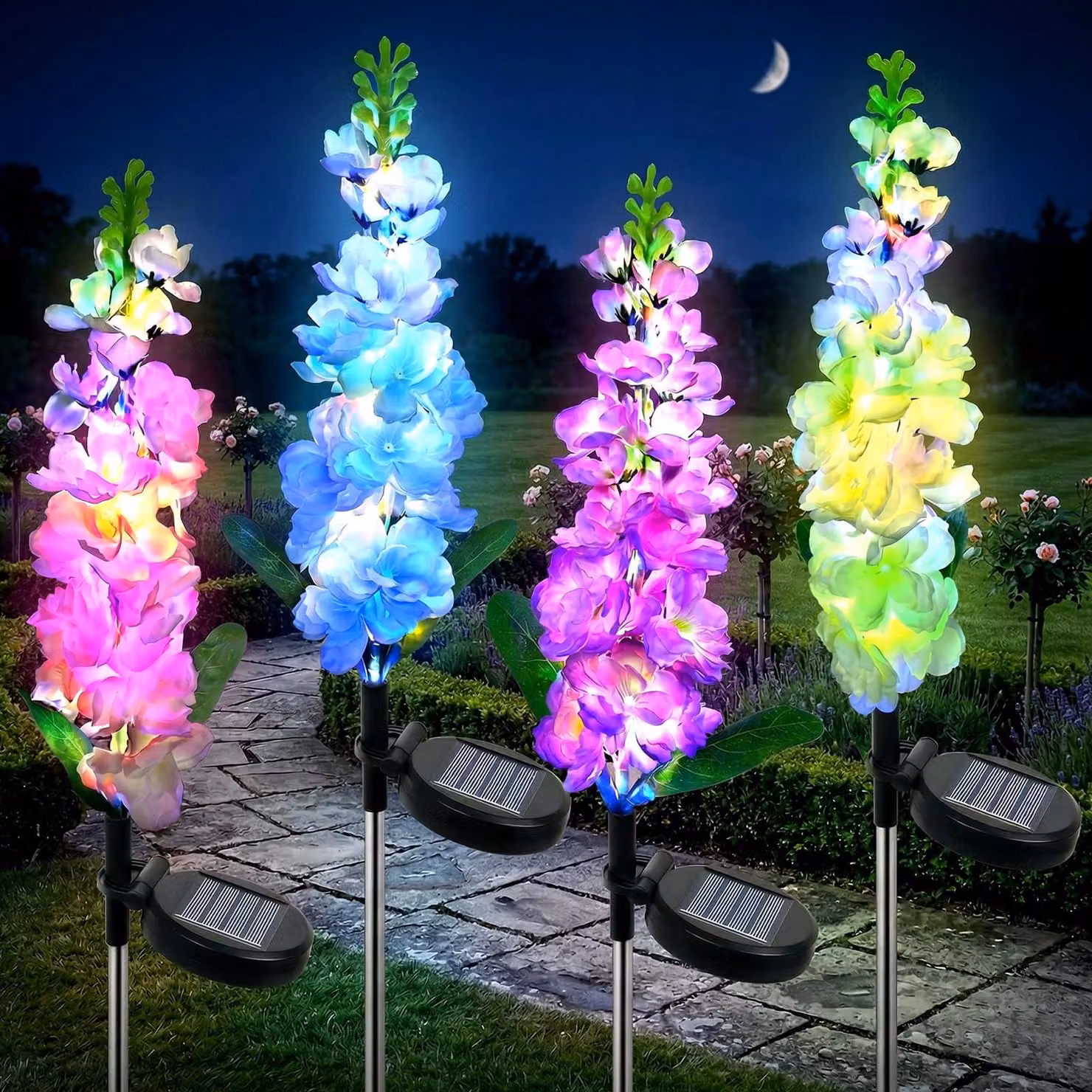 Lampade da giardino solari, set da 4, altezza 75 cm, 80 LED, multicolore