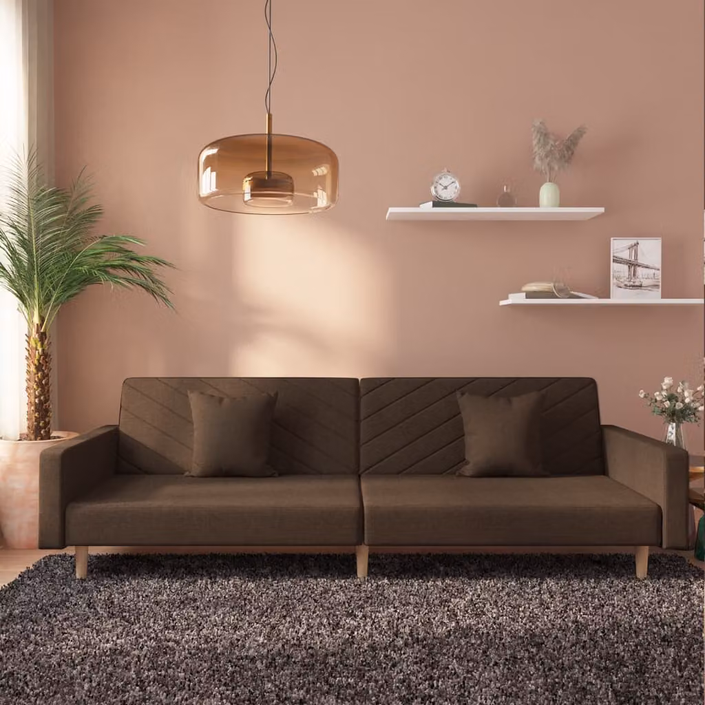 vidaXL Divano Letto Click-Clack a 2 Posti in Tessuto Marrone con 2 Cuscini e Struttura in Legno Massello