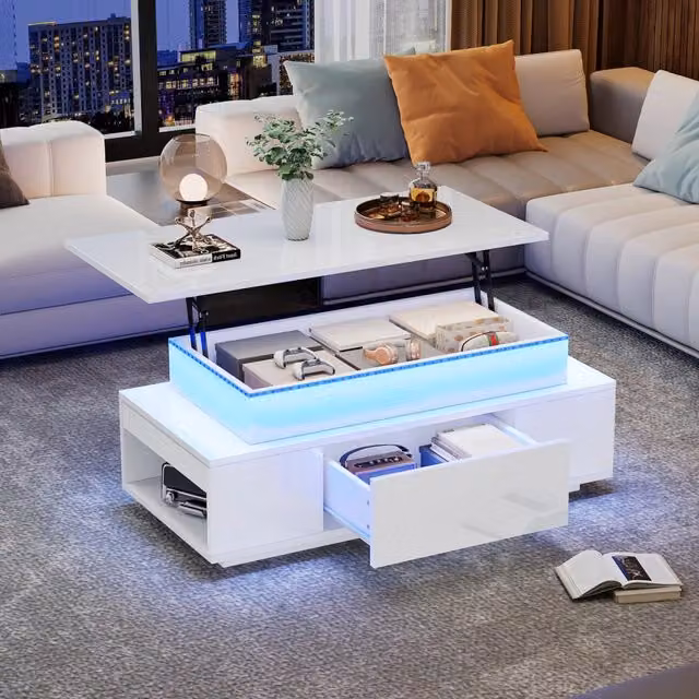 Tavolino da salotto elevabile LED con cassetto e vani contenitore, piano lucido bianco in truciolare, 96 × 45 × 40 cm