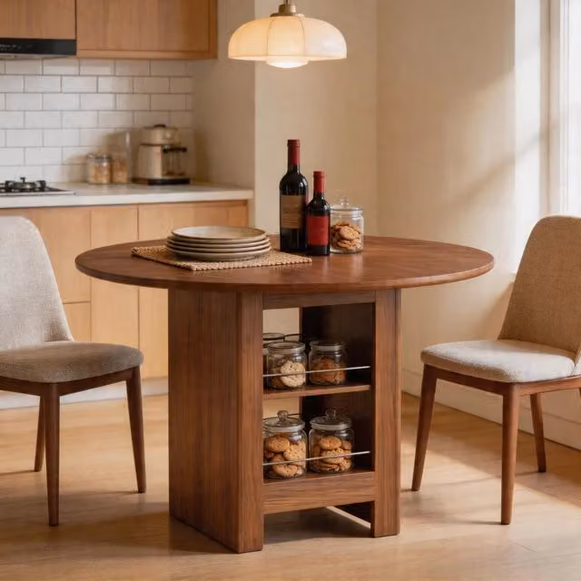 Tavolo da pranzo rotondo con vani aperti in MDF effetto noce per 4–6 persone diametro 100 cm altezza 76 cm