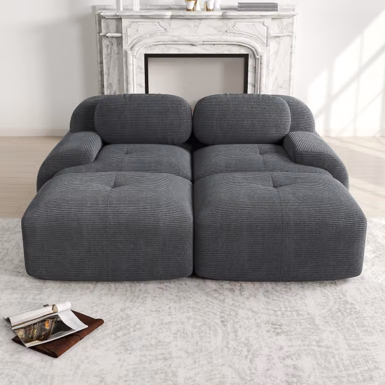 Divano Sweiko a 2 posti in tessuto a coste, componibile con chaise longue, braccioli ergonomici antiscivolo e rivestimento altamente elastico per soggiorno e camera da letto, grigio
