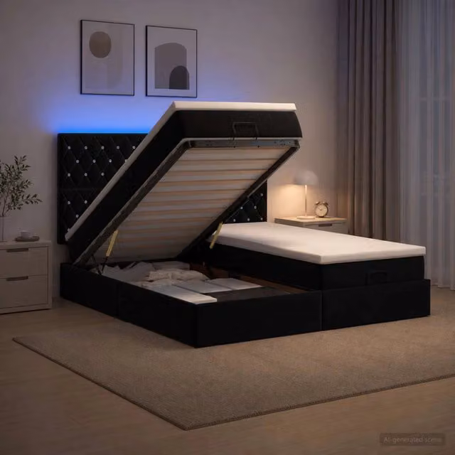 Letto Ottomano Moderno vidaXL in Velluto con Materasso Ibrido, Illuminazione LED Sottostante e Porte USB, L/P/H: 200 x 160 x 88 cm