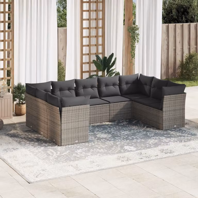vidaXL Set Divano da Giardino 9 pz con Cuscini Grigio in Polyrattan e Acciaio