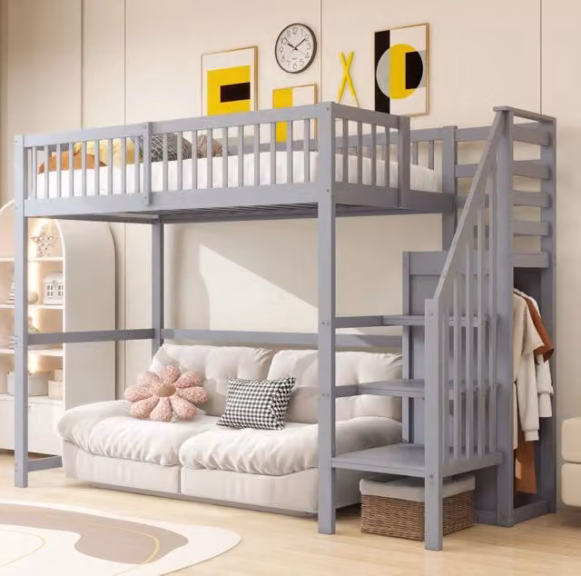 Letto a soppalco ULEVR 90x200 cm grigio con scala, armadio e spazio sottostante, struttura in legno