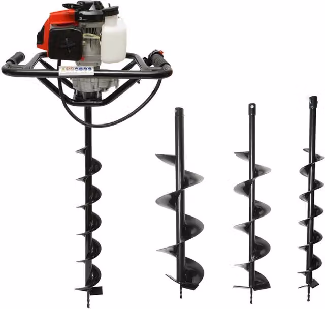 Trivella a benzina THOR 2,8 CV, motore 2T 52 cc, colore rosso, con 3 punte incluse da 100 mm, 150 mm e 200 mm