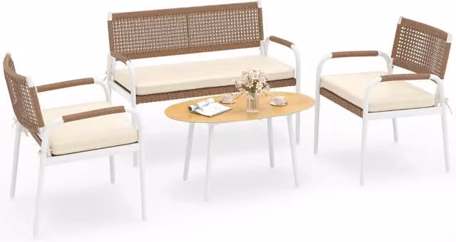 Set di mobili da giardino in 4 pezzi divano 112 x 58 x 82 cm poltrone 55 x 58 x 82 cm tavolino da caffè 89 x 49 x 45 cm design ergonomico atmosfera accogliente in rattan PE marrone 20_0021055