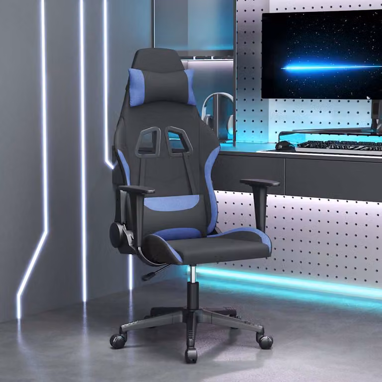Sedia da Gaming vidaXL Nero e Blu in Tessuto con Poggiatesta e Ruote
