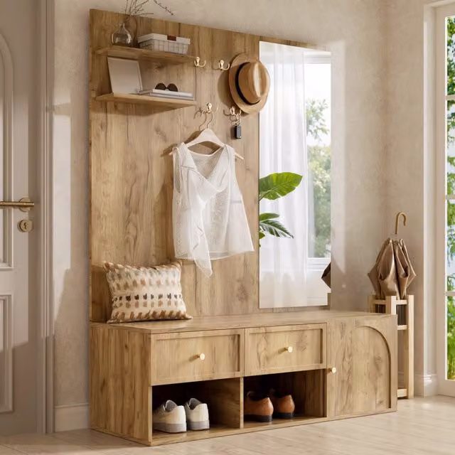 Mobile da ingresso con specchio intero 5 ganci 2 cassetti in truciolare effetto legno naturale 120 × 35 × 159 cm