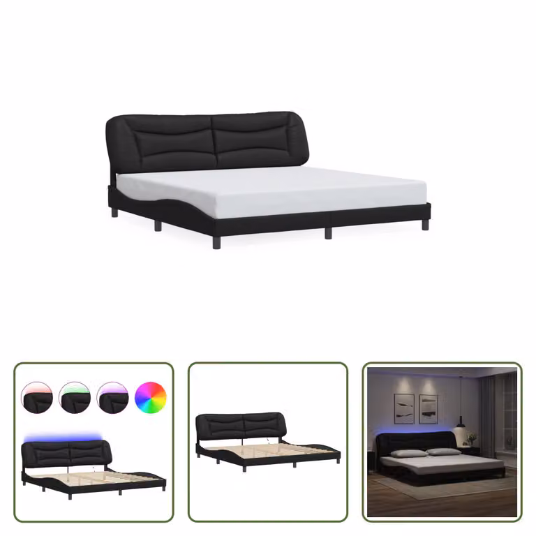 The Living Store Struttura letto con LED nero 200x200 cm in ecopelle