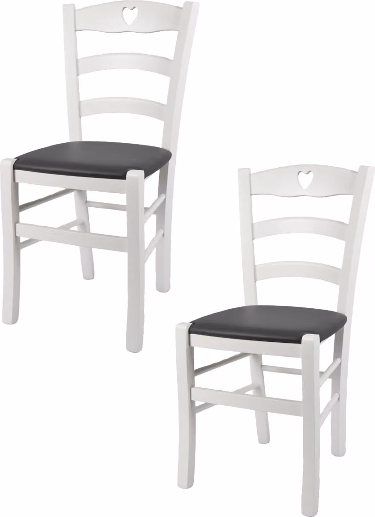 t m c s Tommychairs - Set di 2 sedie CUORE per cucina e sala da pranzo, struttura robusta in legno di faggio, laccato bianco opaco e sedile imbottito rivestito in Pelle finta nel colore grigio scuro