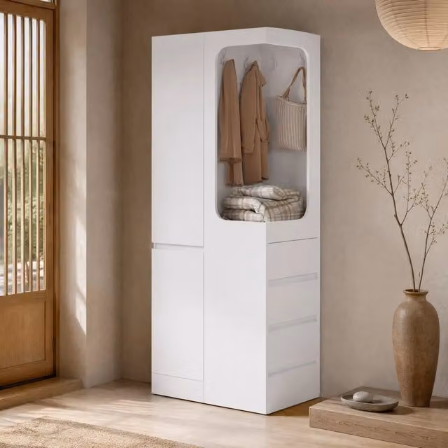 Armadio guardaroba bianco 70×40×170 cm con 4 cassetti e appendiabiti aperto