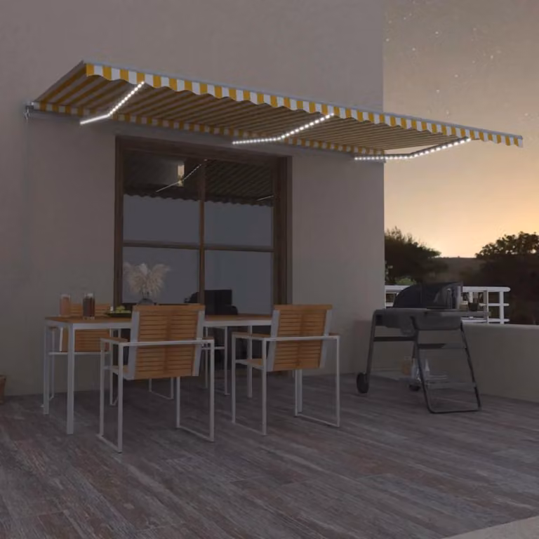 Tenda da Sole Retrattile Manuale con LED vidaXL, Colore Giallo e Bianco, L 600 x P 300 cm