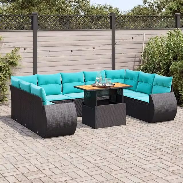 Set Divani da Giardino 10pz con Cuscini in Polyrattan Nero 3327305