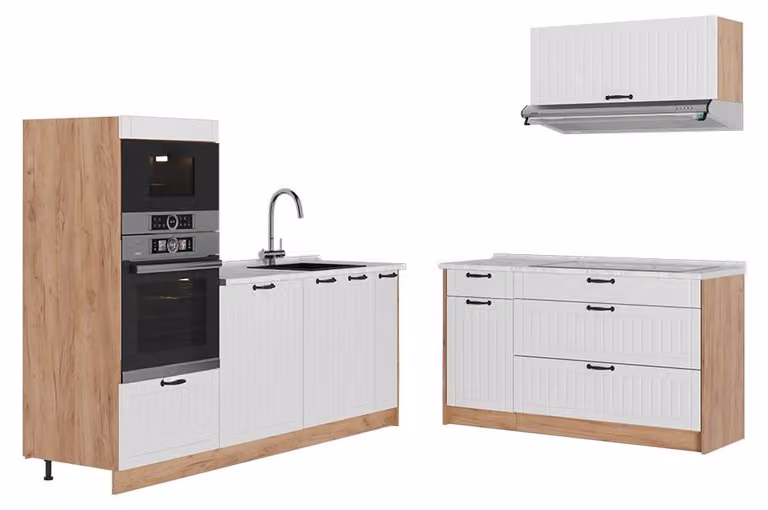 Cucina Vicco Fame-Line Bianco rustico/Rovere dorato 340 cm, PL Marmo, Model 63915
