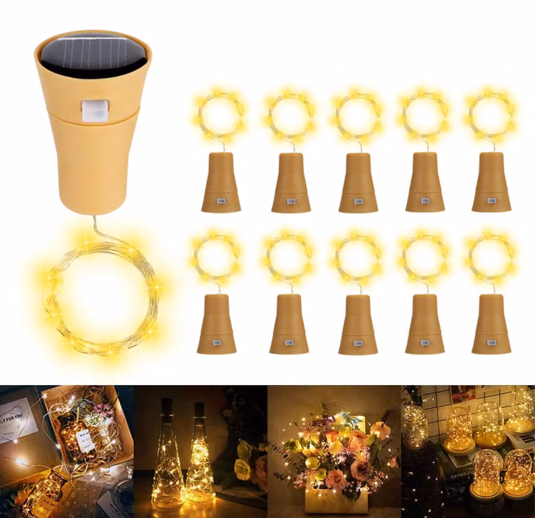 10 luci solari a forma di bottiglia, LED, luce bianco caldo, con tappo in sughero, per decorazioni