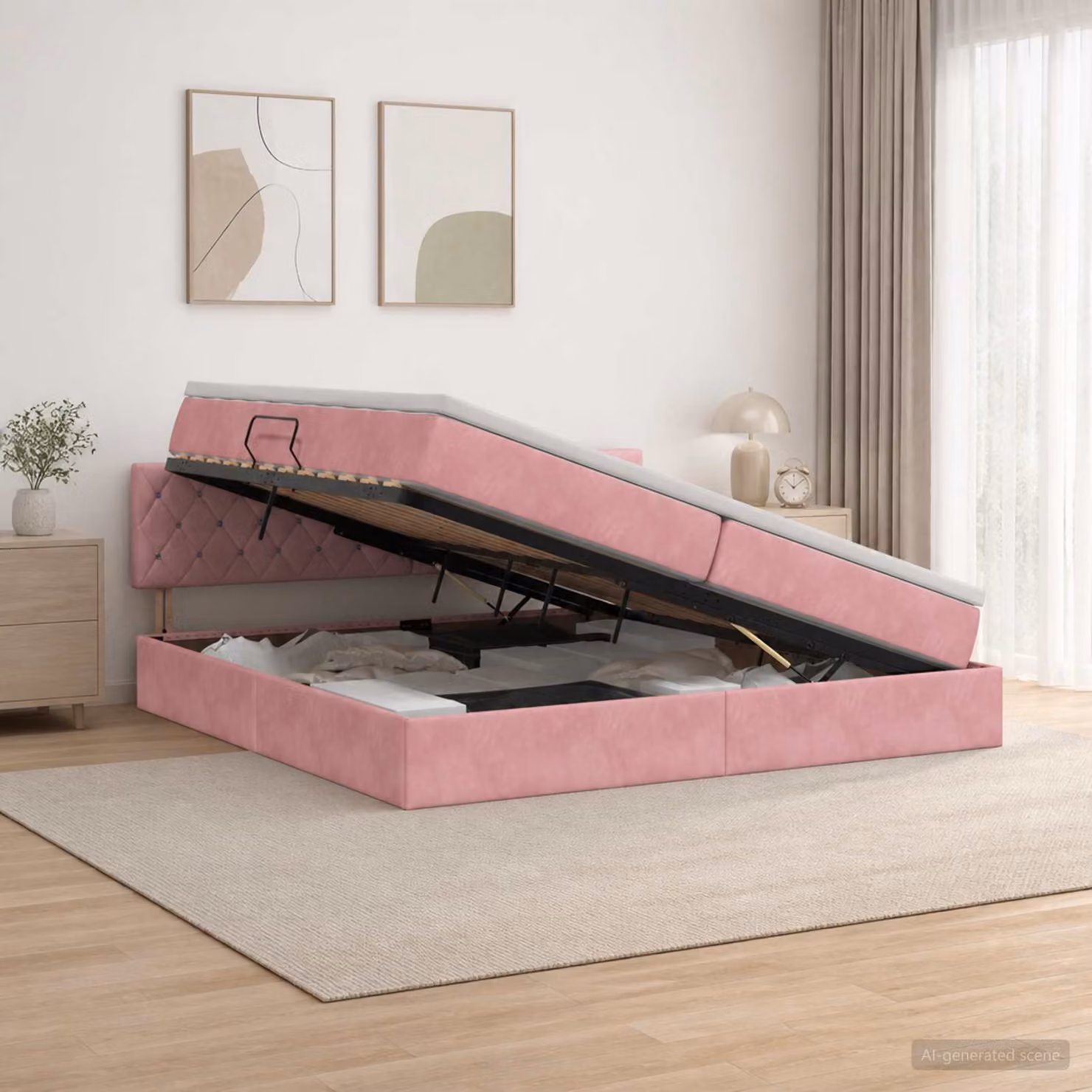 Letto con contenitore e illuminazione LED vidaXL in velluto rosa con materasso, L/P/H: 200 x 200 x 204 cm