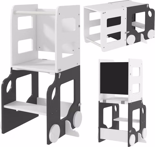 AIYAPLAY Scala Montessori 4 in 1 per Bambini in Legno con 2 Lavagne e Set Tavolo e Sedia, Bianco, L: 58 cm, P: 46 cm, H: 92 cm