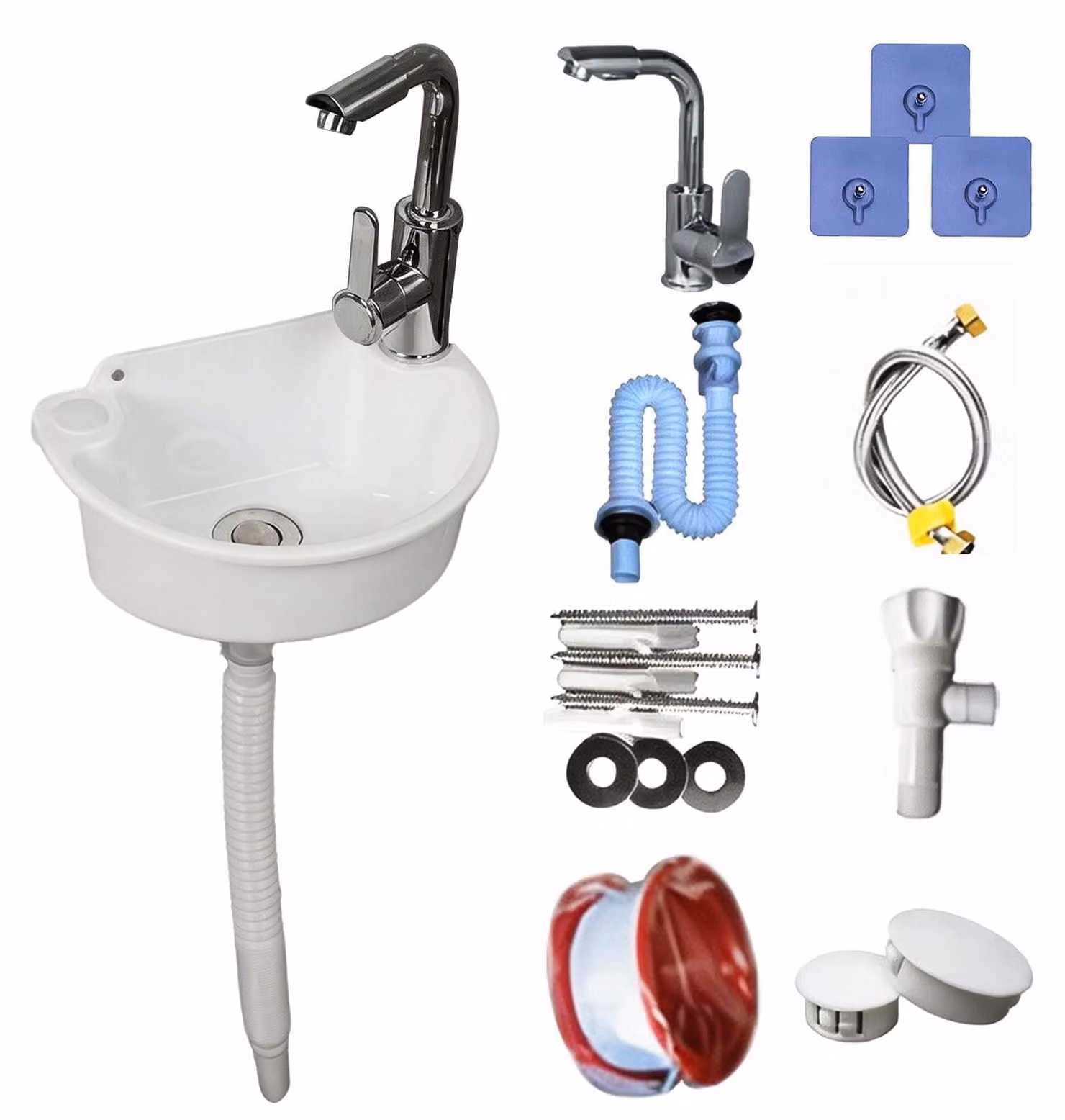 Omgoods - Set lavabo in plastica con rubinetto - Lavabo a parete semicircolare per bagno e giardino