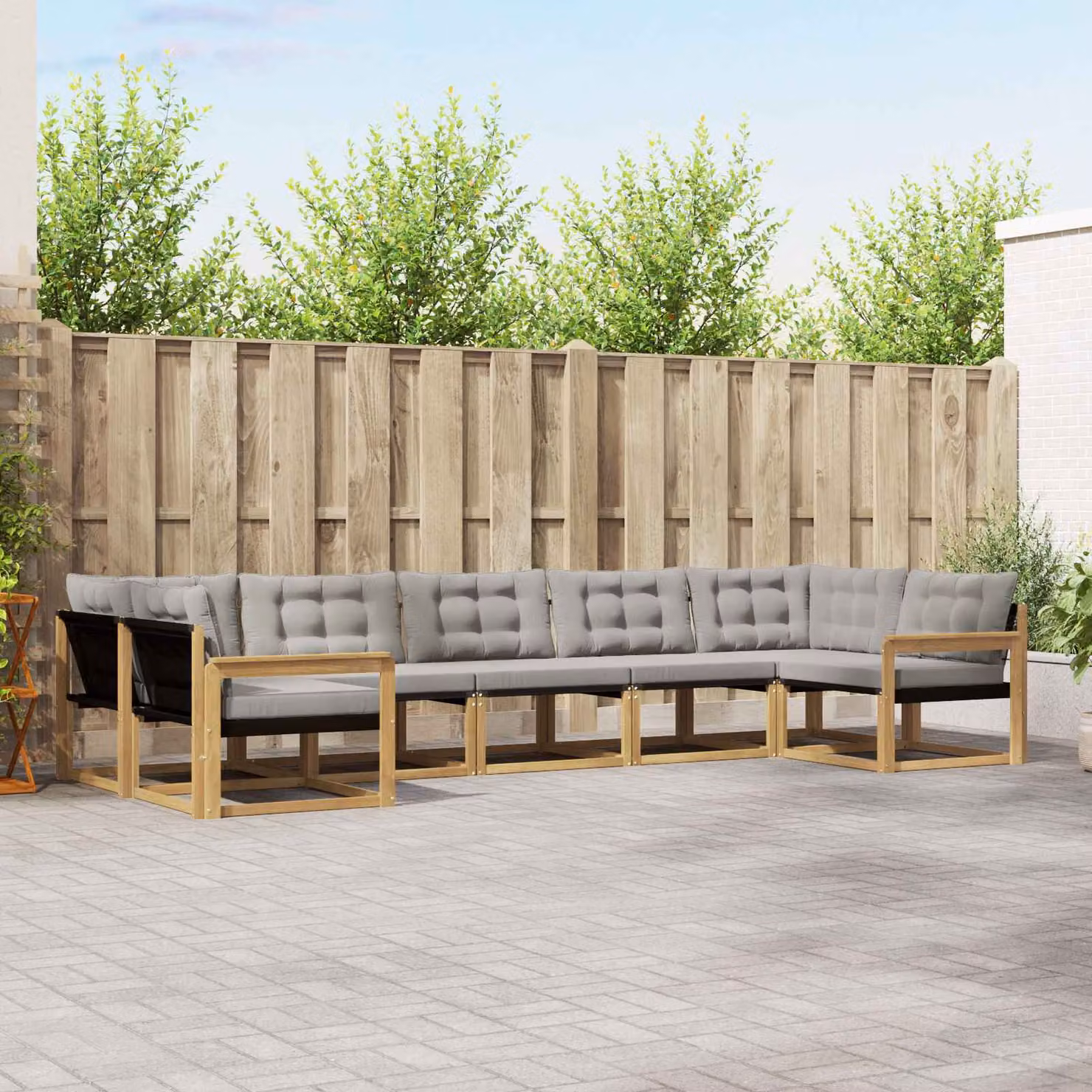Set di divani da esterno vidaXL 7 pz a forma di U in legno di acacia con tessuto textilene, Bianco e Grigio
