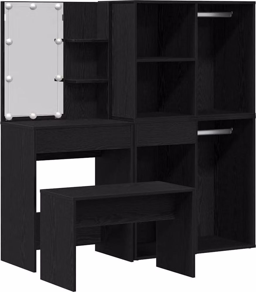 Set da tavolo da trucco con LED con cassetto 4 pcs Rovere Nero