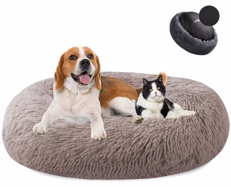 Cuccia per cani a forma di ciambella, in peluche, lavabile, diametro 100 cm, beige e marrone