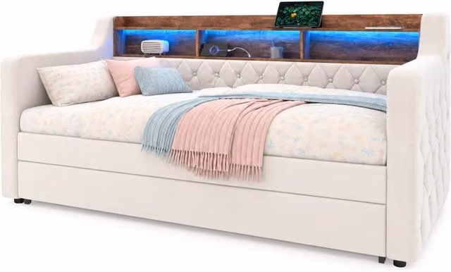 Divano letto estraibile 90x190 cm in velluto con LED; USB-C; ripiano e rete a doghe; beige