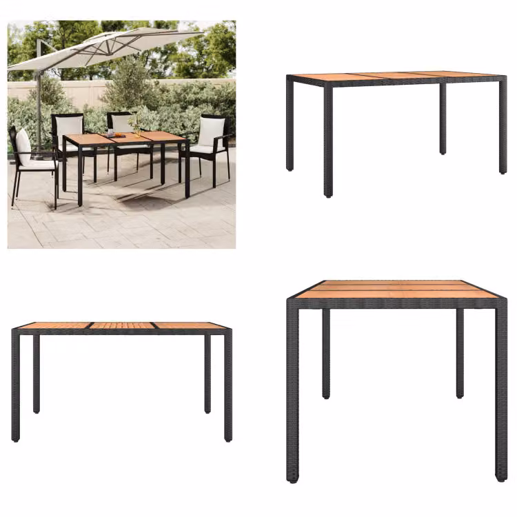 vidaXL Tavolo da giardino con piano in legno in poly rattan nero e legno di acacia - Tavolo da giardino con piano in legno - Tavoli da giardino con piano in legno - Mobili da giardino - Tavolo da pranzo