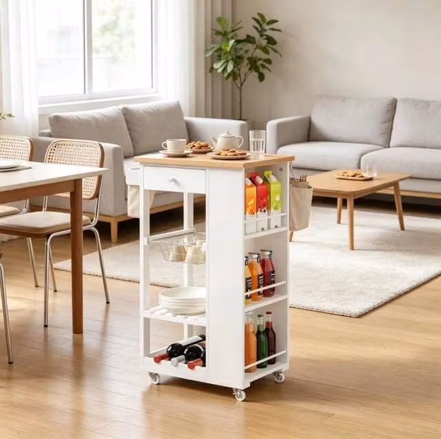 Carrello da cucina bianco con ruote, cassetto, portabottiglie e ripiani