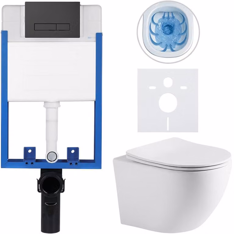 Set completo per WC sospeso Lite/Cesso - bianco opaco - pulsante per WC Slim, nero opaco - da incasso - 49x36 cm