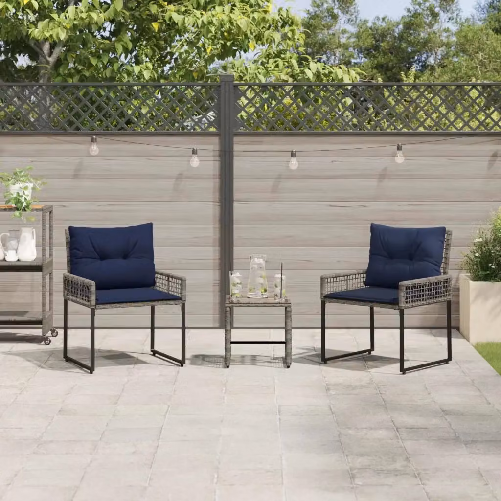 Set di Mobili da Esterno 3 Pezzi con Cuscini in Tessuto Grigio e Blu Navy con Poltrona Lounge e Tavolino da Giardino in Acciaio e Legno di Acacia – 2