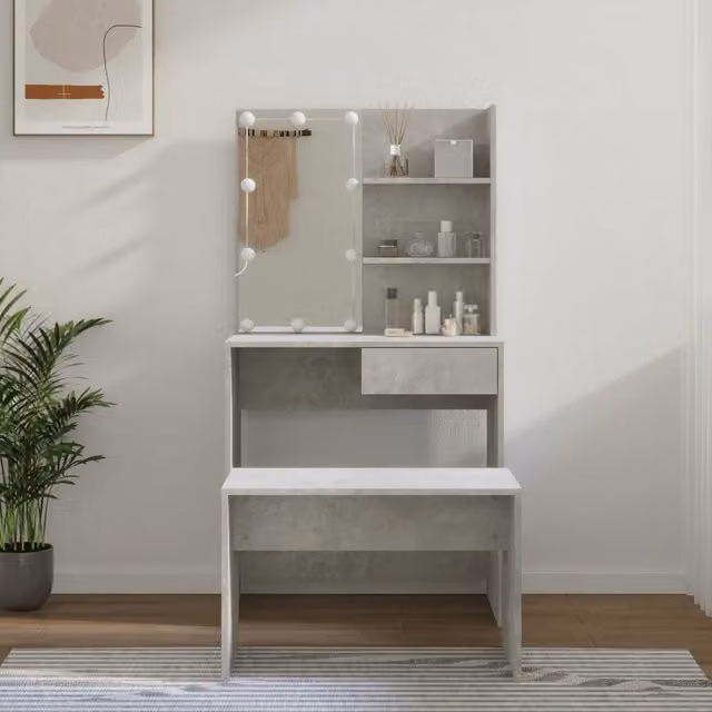 Set Tavolo da Toeletta VIDAXL Hollywood LED Bianco Lucido con Struttura in MDF e Legno