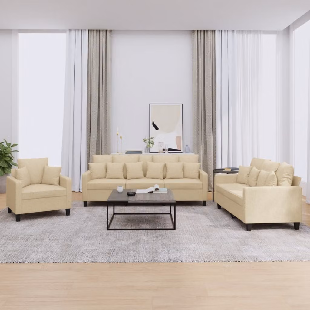 Set di Divani 3 Pezzi vidaXL in Tessuto Beige con Cuscini per Soggiorno o Giardino – 1