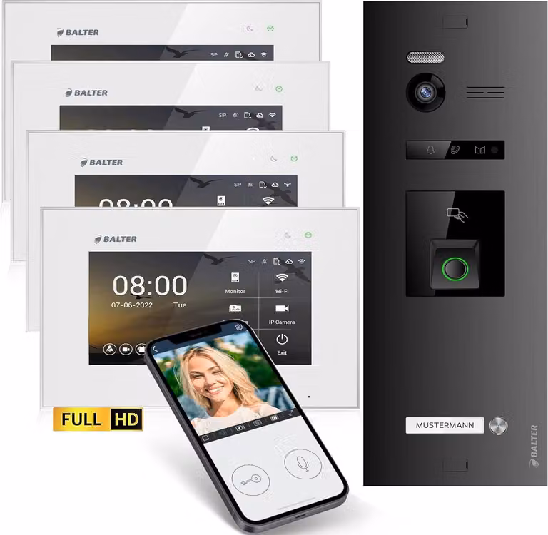 Videocitofono HD con impronta digitale RFID e app per smartphone per case monofamiliari, 4x monitor, Balter EVO HD Fingerprint