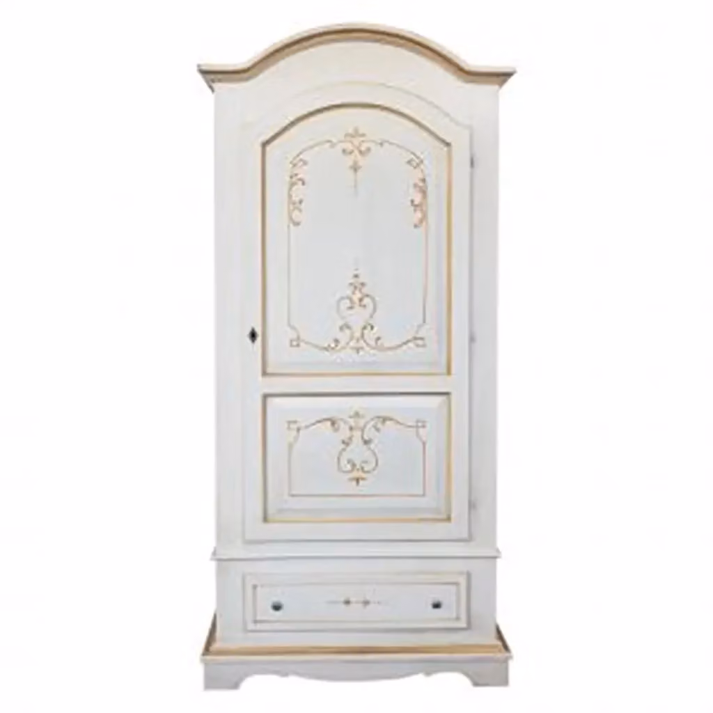 Armadio Rovigo KIVIO in legno massiccio stile shabby chic bianco anticato con decorazioni arancio per camera da letto H: 196 cm, L: 96 cm, P: 56 cm – 2