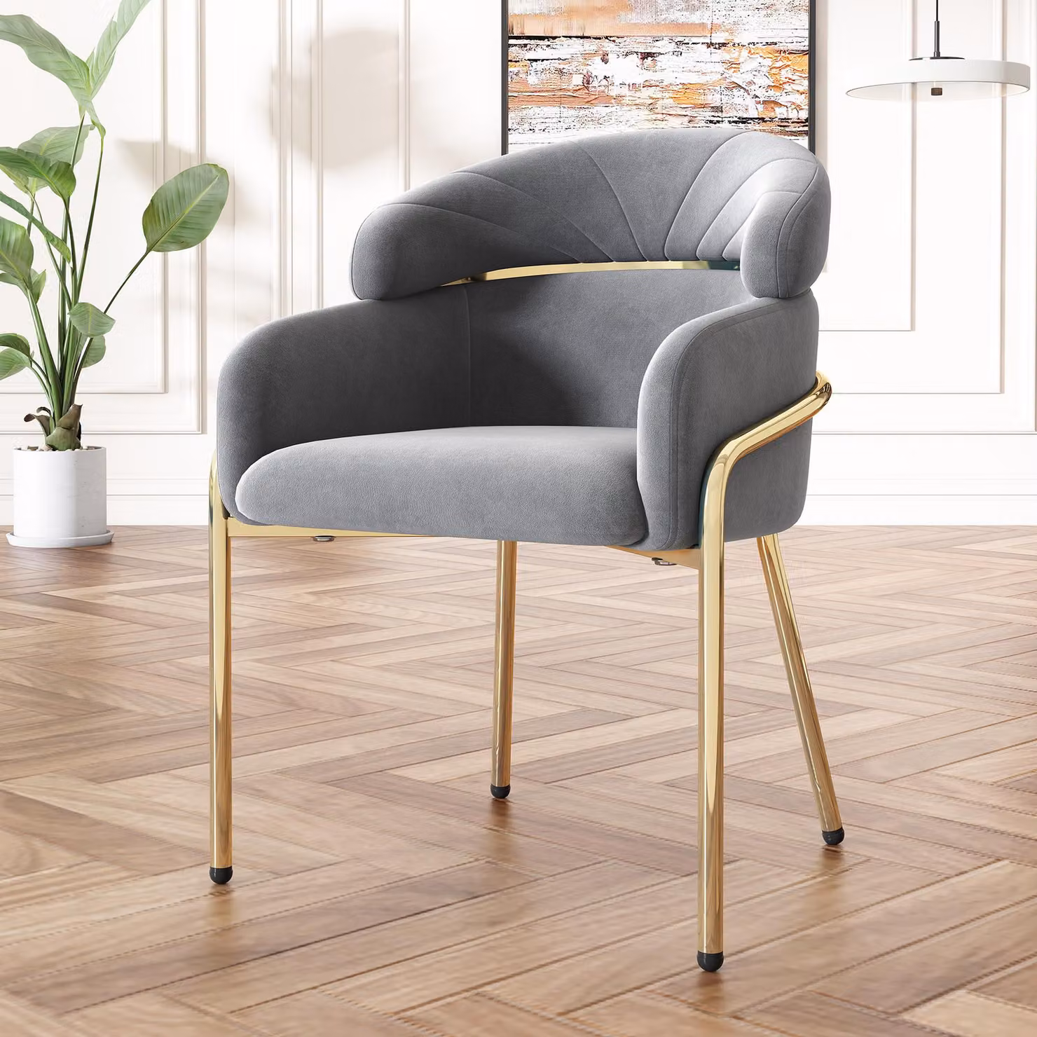 Sedia da pranzo Sweiko, singola, lusso leggero, soggiorno, camera da letto, sedia per il tempo libero, con quattro gambe in metallo, velluto, grigio