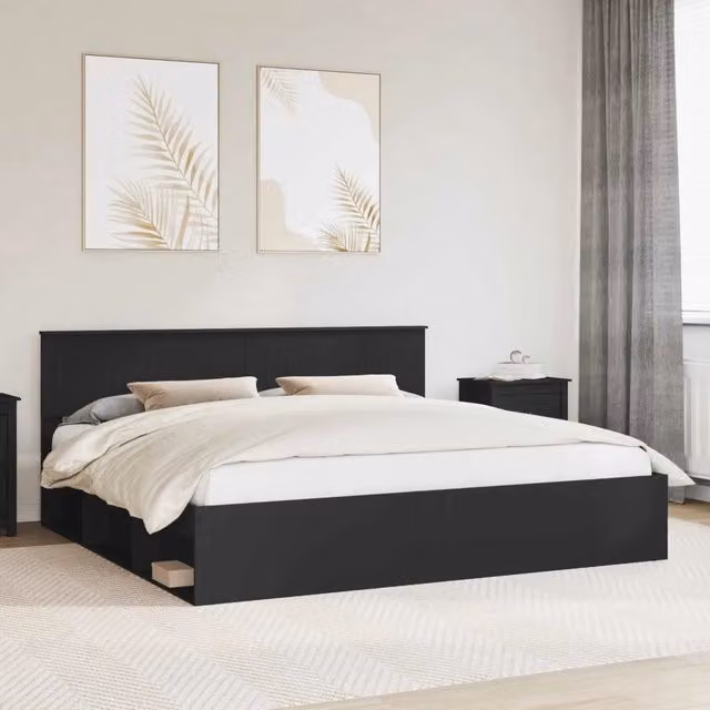 Struttura del letto-Giroletto Nero 200 x 200 cm Pino massello 390859