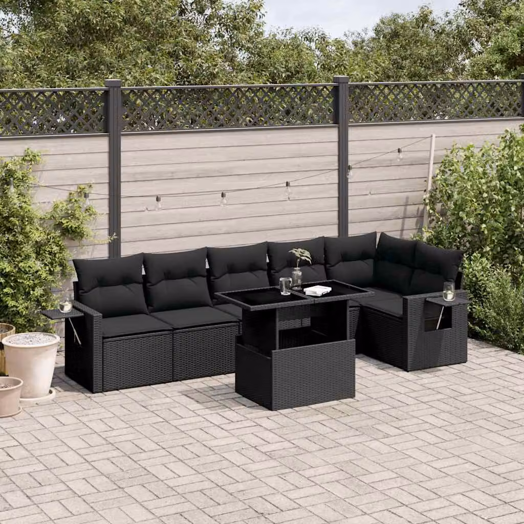 Set Divani da Giardino a L vidaXL in Polyrattan Nero con 7 Cuscini e Tavolino da Esterno – 1