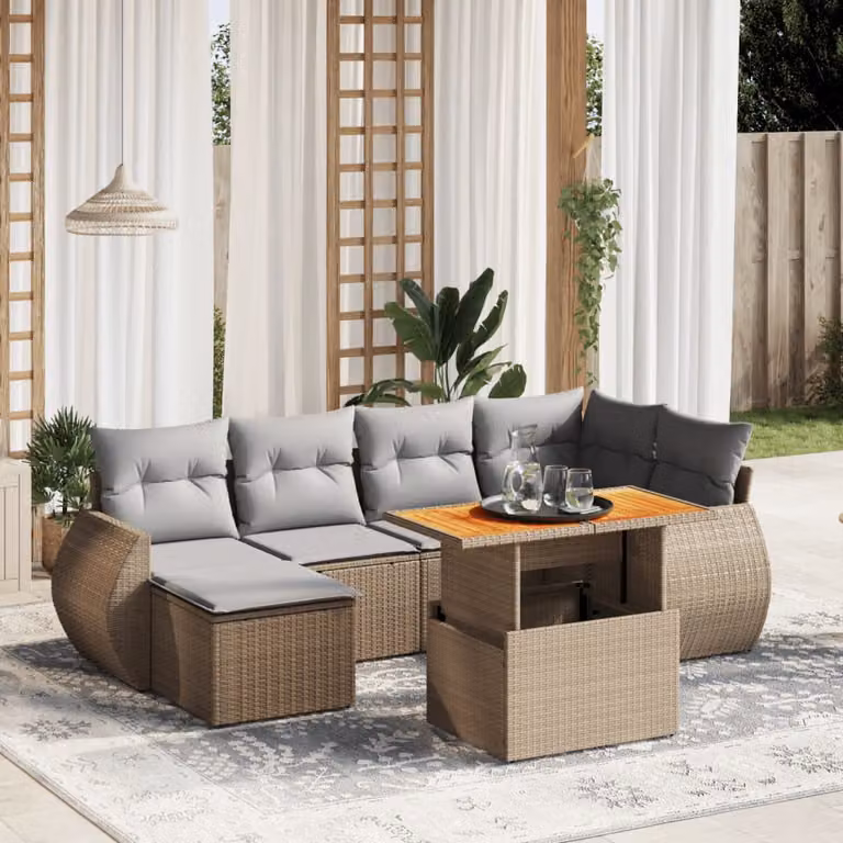 vidaXL Set Divani da Giardino 7 pz in Polyrattan con Cuscini Beige e Grigio per Terrazza e Giardino