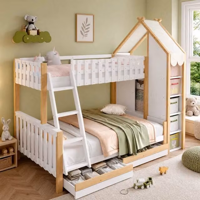 Letto a castello 90x200 + 140x200 cm con 2 cassetti e ripiani; bianco e naturale