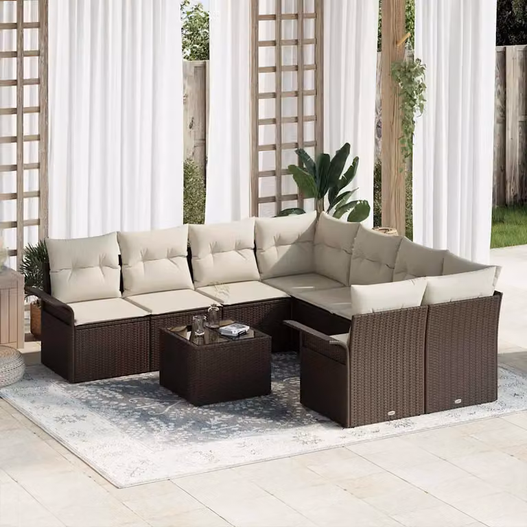 Set Divano da Giardino Moderno vidaXL 9 Pezzi Marrone con Cuscini e Tavolino in Vetro