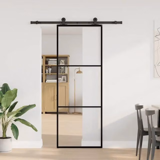 Porta Scorrevole Moderna vidaXL in Vetro Trasparente e Alluminio Nero L: 76 cm, H: 205 cm