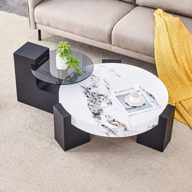 Tavolino basso modulare con piano effetto marmo e gambe a L in MDF, set 2 pezzi, per soggiorno e camera da letto, bianco e nero